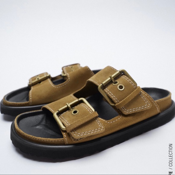 NWT Zara Leather double buckle flat sandal